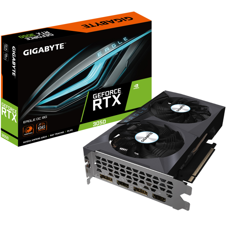 Видеокарта Gigabyte GeForce RTX 3050 EAGLE OC (PCI-E 4.0, 8192 MB, GDDR6, 128 bit, 1792-1777MHz, 14000 MHz) GV-N3050EAGLE OC-8GD