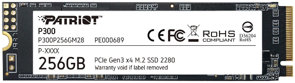 Накопитель SSD M.2 256GB Patriot P300 Series (P300P256GM28) Retail (1700/1100МБ/сек, 290K/260KIOPS, NVMe PCI-Ex4 3.0, 3D TLC, TBW 80)