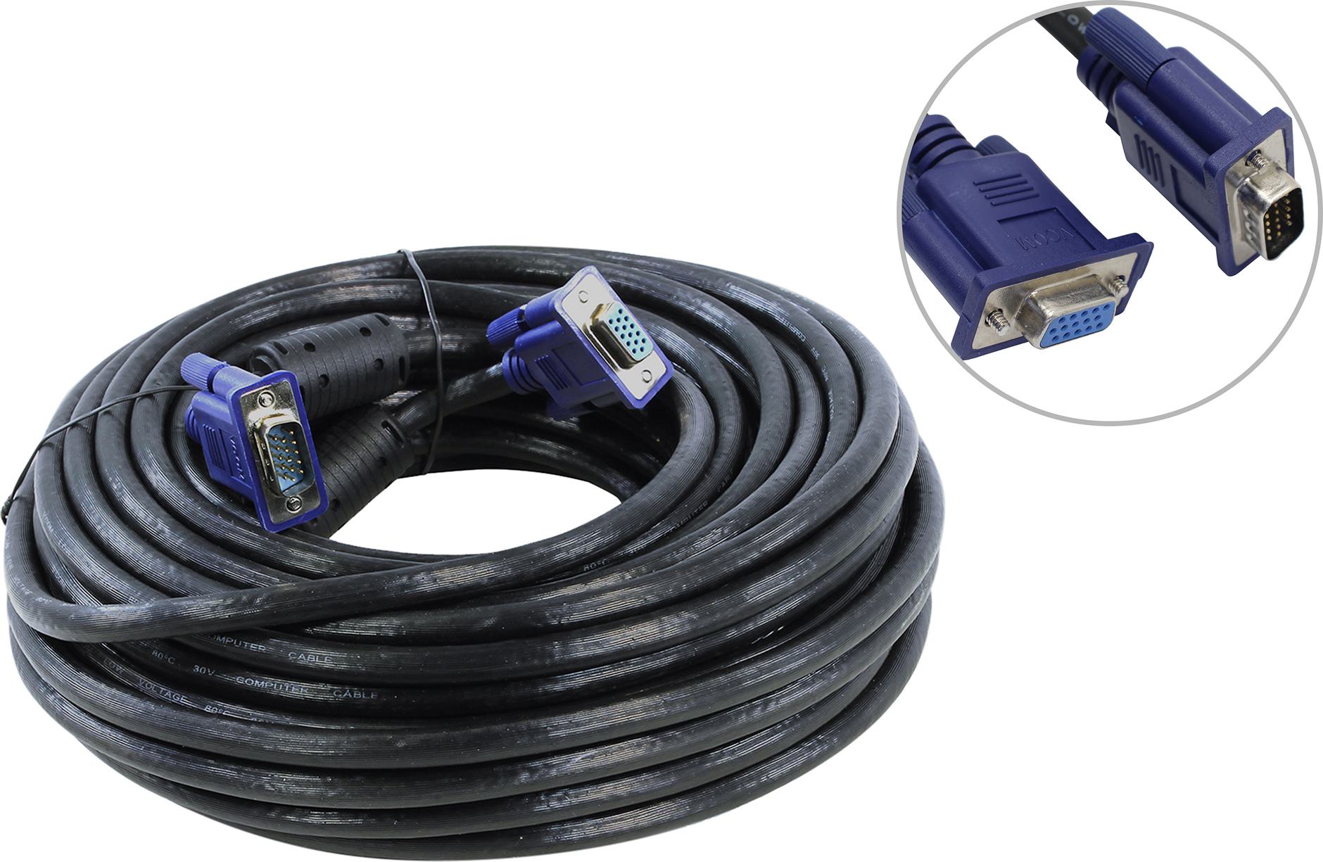 Удлинитель кабеля VGA видеосигнала VCOM (D-Sub HD15 (male) - D-Sub HD15 (female), 20.0 м, черный, 2 ферритовых кольца, экранирование) [ VVG6460-20M ]