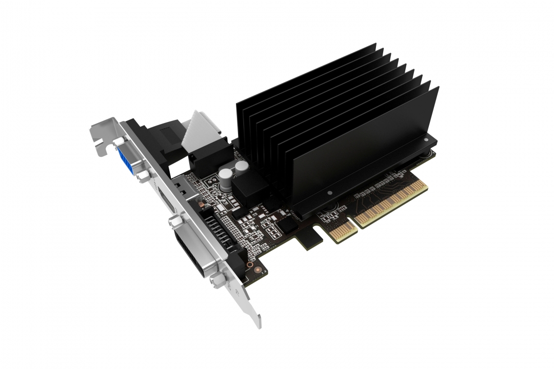 Видеокарта Palit GeForce GT 710 (PCI-E 2.0, 2048 MB, GDDR3, 64 bit, Base: 954 MHz, 1600 MHz, 28nm, GK208, 192/16/8, БП от 300 Вт, пассивное охлаждение