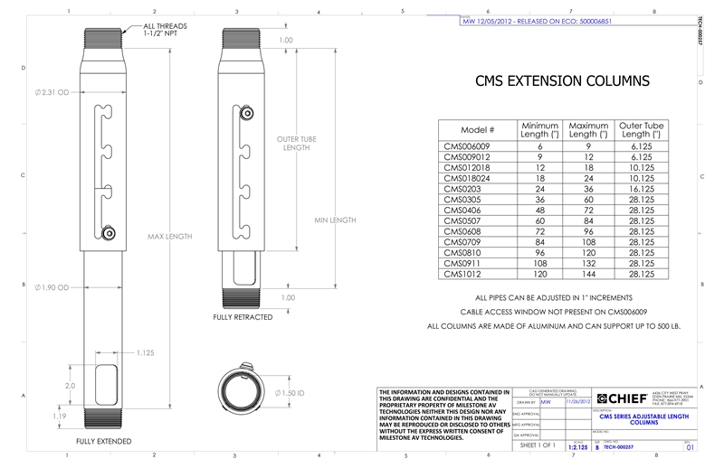 Штанга для потолочных креплений CHIEF CMS-0810s (изменяемая длина 96"-120", Silver,  для крепления к потолку нужно дозаказать  CMS-115(B/S/W)  , для крепления к проектору нужно дозаказать RPAU(b/s/w))