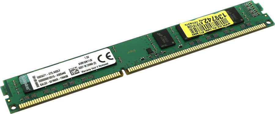 Память DIMM DDR3 8GB (PC3-12800, 1600MHz) Kingston ValueRAM (1шт x 8ГБ, CL 11-11-11, 1.5 В, Dual rank x8, высота 18.75 мм) [ KVR16N11/8WP ]